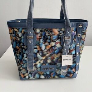 Blue Pebble and butterflies 2D print +  leather  Tote - Brand New BAG made Italy
